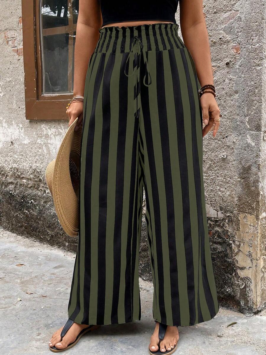 SHEIN LUNE Pantalones anchos casuales de verano de talla grande con estampado de rayas y cintura alta