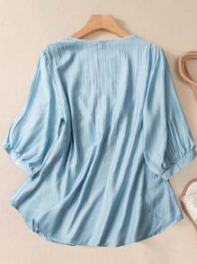 Linhara 圆领七分袖刺绣娃娃风休闲衬衫