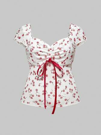ROMWE Avant Blusa de talla grande con botones y estampado floral de cerezas en estilo pastoral