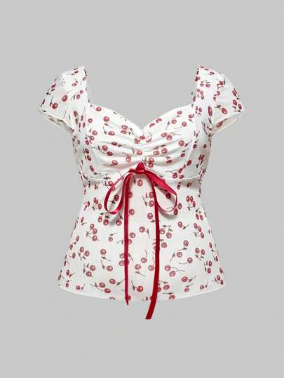 ROMWE Avant Plus Size Cherry Floral Pastoral Button Down Blouse