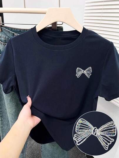 SHEIN 女士休闲圆领短袖蝴蝶结印花T恤，夏季