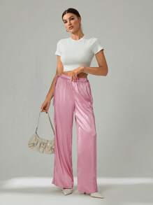 SHEIN Tall Women Solid Pink Color Casual Fashionable Summer Simple Satin Stylish Pants, For Daily Wear
