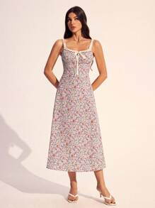 SHEIN Tall Vestido camiseta de verano de mujer con contraste de encaje floral estilo "ditsy" y nudo delantero - Multicolor - Ver 7