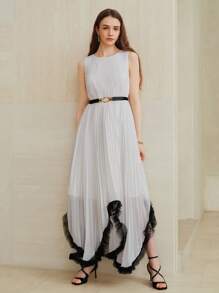 MOTF PREMIUM CHIFFON BELTED ASYMMETRICAL CONTRAST TRIM PLEATED DRESS - White - View 7