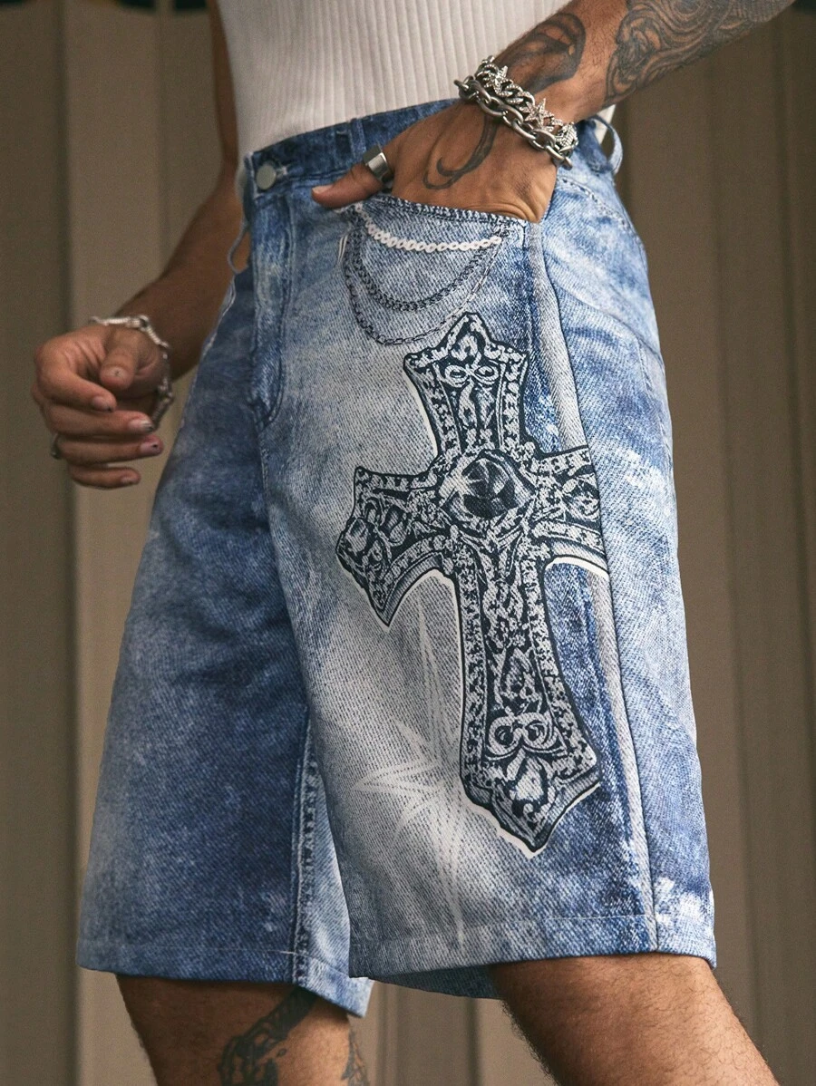 AXEPEAK Pantalones cortos de hombre efecto de mezclilla digital sueltos - Multicolor - Ver 1