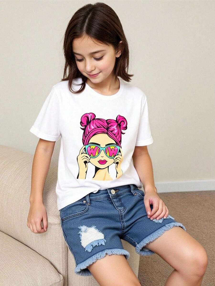 SHEIN Tween Casual Simple Comfy Round Neck Short Sleeve T-Shirt And Denim Shorts Set