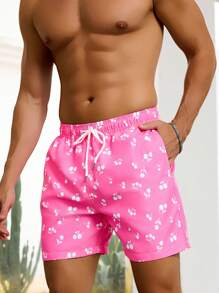 Manfinity Men's Cherry Print Drawstring Waist Pocket Beach Shorts - Pink - View 7