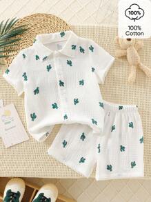 SHEIN Vintaside Kids 2 件/套男童夏季休闲仙人掌印花短袖 T 恤和短裤套装 - 白色 - 查看 1