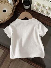Baby Boy Casual Cute Bear Embroidered Patch Cartoon Short Sleeve Crew Neck Top, Suitable For Summer - White - View 2