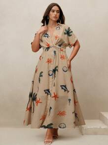 Anewsta Plus Size Women Summer New Design Vacation Printed V-Neck Twist Waist Midi Dress - Khaki - View 6