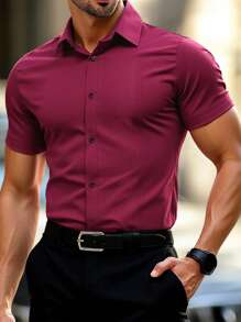 Manfinity Mode Camisa casual de manga corta de un solo pecho de unicolor para hombres, ideal para el verano