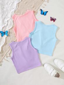 3pcs Young Girl' Knitted Ribbed Cami Tank Tops, Sleeveless Round Neck Patchwork Design, Light Blue, Light Purple, Pink, Suitable For Summer Daily Wear, Travel, Vacation, Party