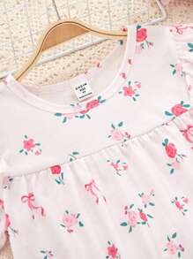 SHEIN Girls Pink Flower Printed Ruffle Trim Pajama Set