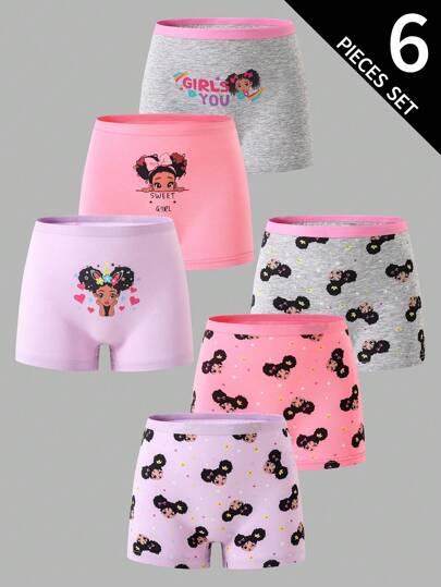 6pcs Cute Hip-Hop Girl Print Cotton Comfortable Boxer Briefs Set For Tween Girl Backto SchoolFashion Fall Winter