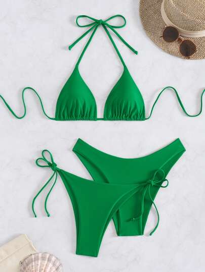 Swim Basics 3pcs/Set Women Summer Beach Solid Color Halter Tie Sexy Bikini Swimsuit Green