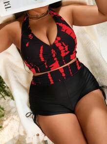Swim Lushoire 大码女式扎染吊带比基尼海滩度假比基尼套装，万圣节 - 紅色 - 查看 1