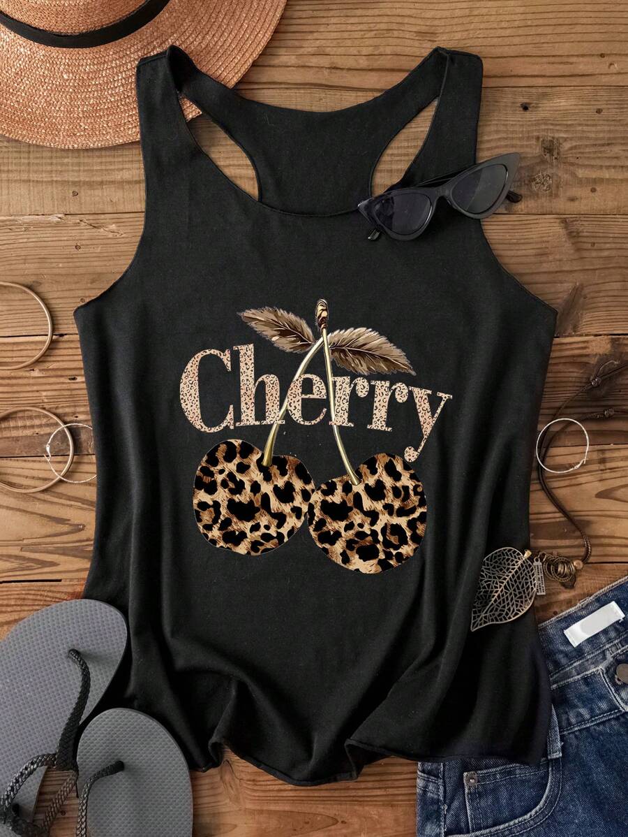 Attitoon 女士休闲复古豹纹樱桃背心，适合夏季、音乐节、摇滚风格、复古、休闲度假、性感、可爱、Y2K、椰子女孩、波西米亚风、海滩、春假、早午餐、波西米亚风、嬉皮风格豹纹樱桃背心，返校 - 黑色 - 查看 1