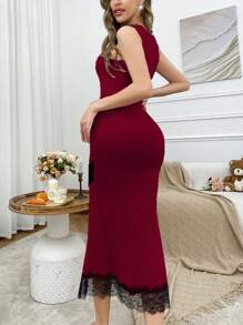 SHEIN Váy ngủ đuôi cá ren vá thanh lịch, bó sát dành cho nữ - Màu Đỏ Sâu - Xem 2