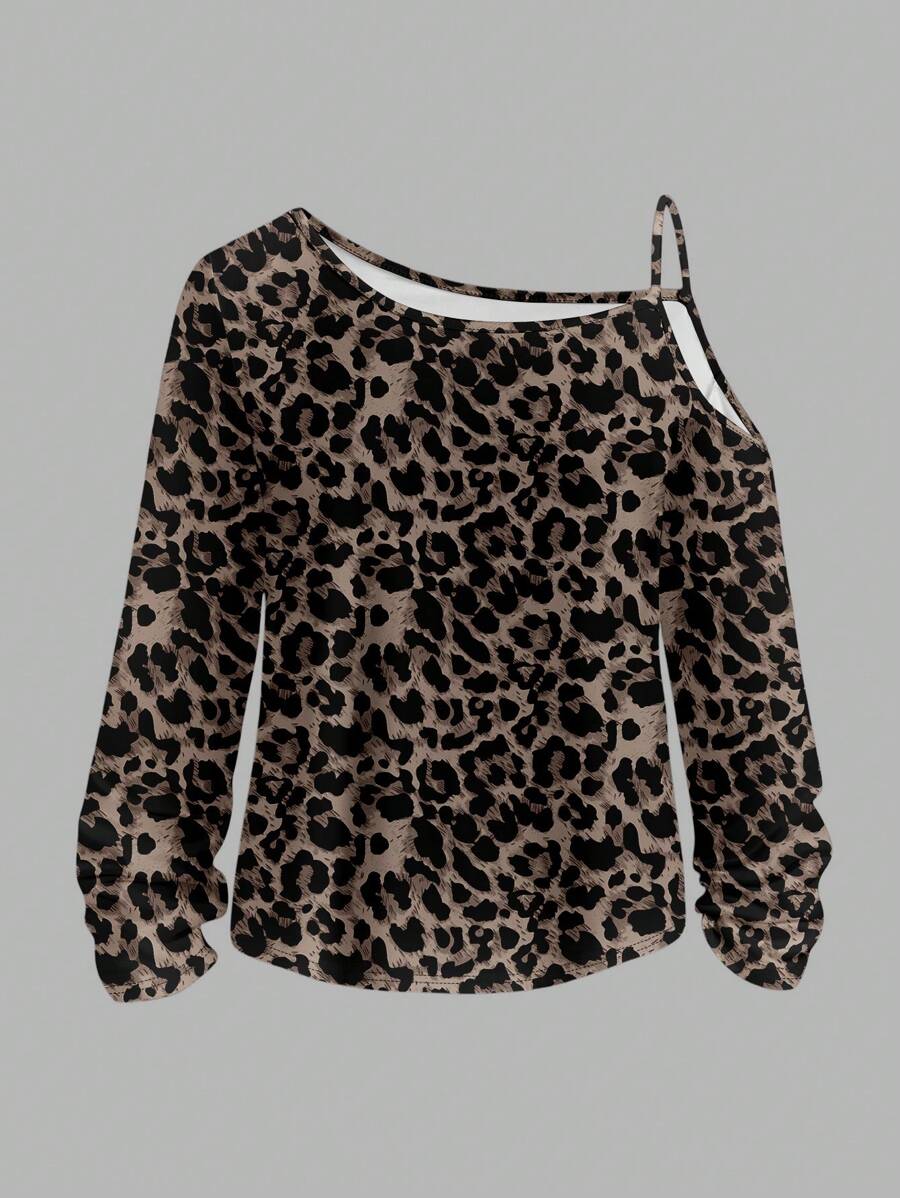 SHEIN Essnce Casual Leopard Print Off-Shoulder Long Sleeve T-Shirt For Women, Suitable For Spring - Mocha Brown - View 1