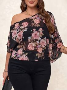 Chikora 大码女士浪漫优雅印花不对称领蝙蝠袖宽松衬衫，适合夏季穿着，也适合春季穿着，是度假、春假、外出等场合的理想之选。 - 彩色 - 查看 5