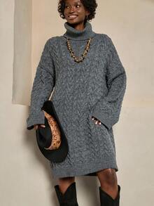 WOMEN CABLE KNIT OVERSIZED SWEATER – DARK GREY Sweater Dresses For Women Turtle Neck Dress Womens Fall Clothes Knit Dress Cable Knit Dress