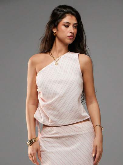 SHEIN Forever 21 夏季女士浪漫/舞会/正式/生日/90 年代/商务休闲女士/优雅/西部装/外出/时尚/休闲/Y2k/俱乐部/办公室/鸡尾酒会/复古/狂欢节/有趣/优雅/老钱/街头服饰/度假/乡村音乐会/工作/端庄/春假/音乐会/坏人/基本款/毕业单肩粉色条纹上衣