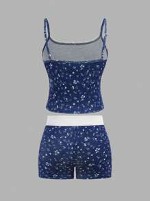 SHEIN Girlism 2pcs Tween Girl Vintage Lace Trim Fitted Tank Top & Color Block Ditsy Floral Printed Shorts Set, Navy Blue Floral Two Piece Set - Navy Blue - View 2