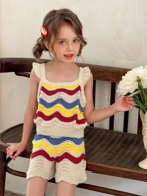 LMoss Kids LMoss  2pcs Young Girl Ruffle Strap Sweater Top And Shorts Set Suitable For Spring And Summer Toddler Girl Clothes Set Toddler Clothes 4t Toddler Girls Outfit Sets Toddler Girl 5t