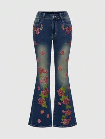 Fairycore Jeans casual versatili da donna in denim con gamba a zampa e tasche ricamate a motivo floreale
