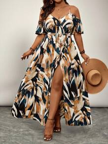 SHEIN VCAY Plus Size Open Shoulder Short Sleeve Holiday Dress, Mother Day Outfit, Vacation Outfits Woman, Rave Outfit, Western Wear Women Plus,Flowy Dress Women Summer Clothing Women Summer Sets Women Dresses Birthday,Sun Dresses For Women