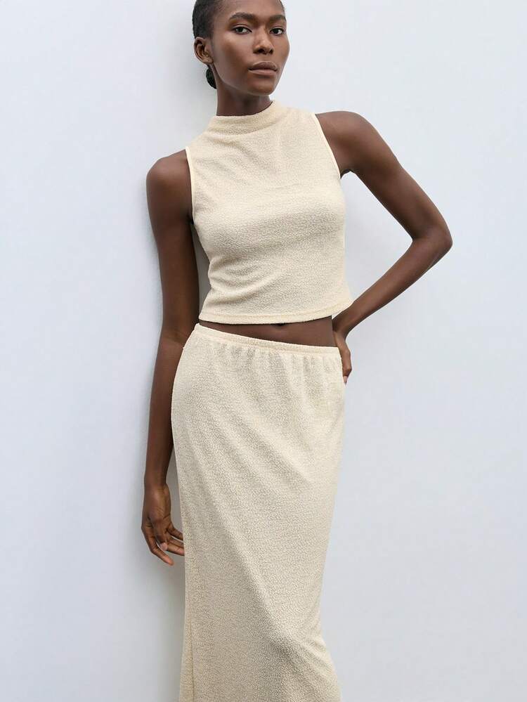SHEIN Maija Apricot Sleeveless Mock Neck Crop Top And High Waist Fitted Skirt Set, Comfortable Office Outfit, Casual Chic Urban Style, Suitable For Music Festivals, Parties, Versatile