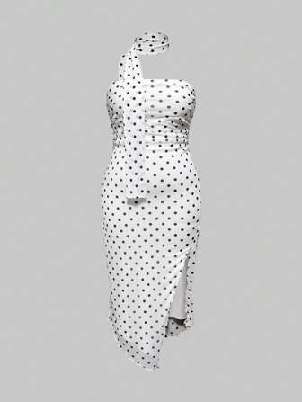 ROMWE Avant Plus Size Vintage Polka Dot Asymmetric Hem Slit Turtleneck Bandeau Dress For Holiday In Sicily