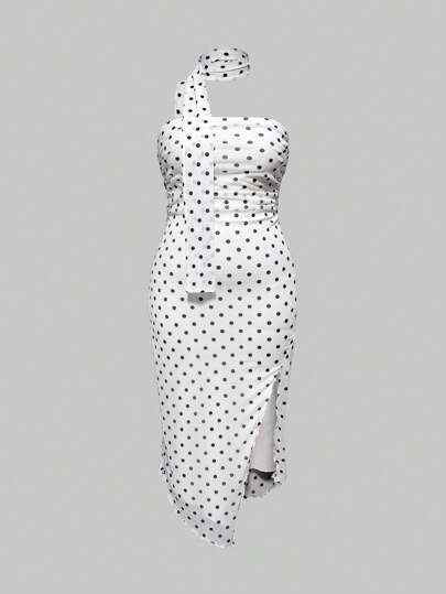 ROMWE Avant Abito da donna taglia grande con collo alto, senza spalline, con fessura asimmetrica e motivo a pois, adatto alle vacanze in Sicilia