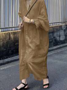 FRIFUL Women's Loose Long Blouse Sheer Jacket Long Sleeve Flare Cuff, Spring/Summer - Khaki - View 2