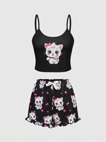 ROMWE Ensemble de pyjama comprenant un débardeur et un short avec imprimé chat nœud papillon de style dessin animé - Noir - Voir 1