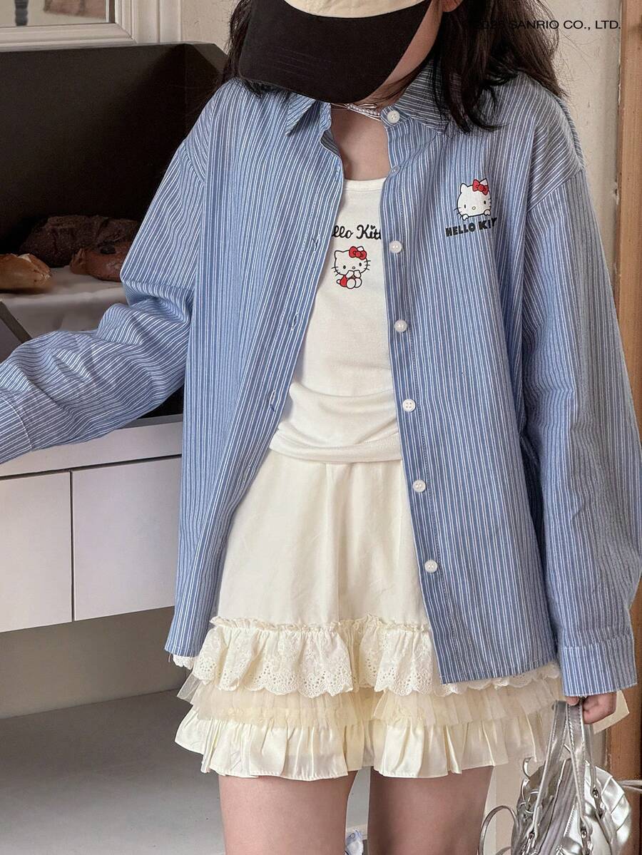 HELLO KITTY | DAZY 女童卡通字母印花落肩长袖条纹单排扣衬衫