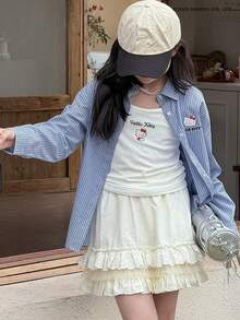 HELLO KITTY | DAZY 女童卡通字母印花落肩长袖条纹单排扣衬衫