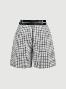 SHEIN MOD Plus Size Women Gray High Waist Shorts With Dual Belt Decor,Tweed, Black And White Check, Double Belt, High Waist Shorts, Office Siren Style