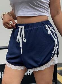 SHEIN MOOSTA Plus Size Women's Elastic Waist Bow Ruffle Trim Shorts - Navy Blue - View 6