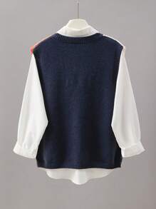 Franclia 撞色不对称休闲宽松女士毛衣套头背心春秋季 - 寶藍色 - 查看 2