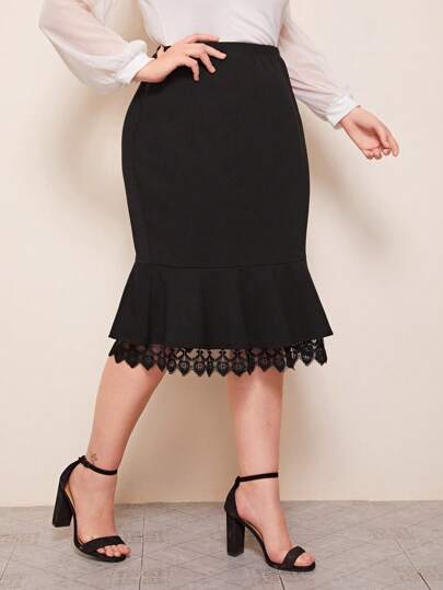 SHEIN Privé Plus Embroidery Mesh Trim Mermaid Skirt Fall