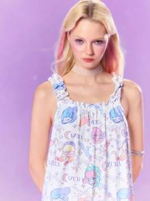 Pop Mart Azura X SHEIN 荷叶边蝴蝶结无袖长款白色星星图案休闲卡通可爱夏季舒适女士睡袍 - 白色 - 查看 5