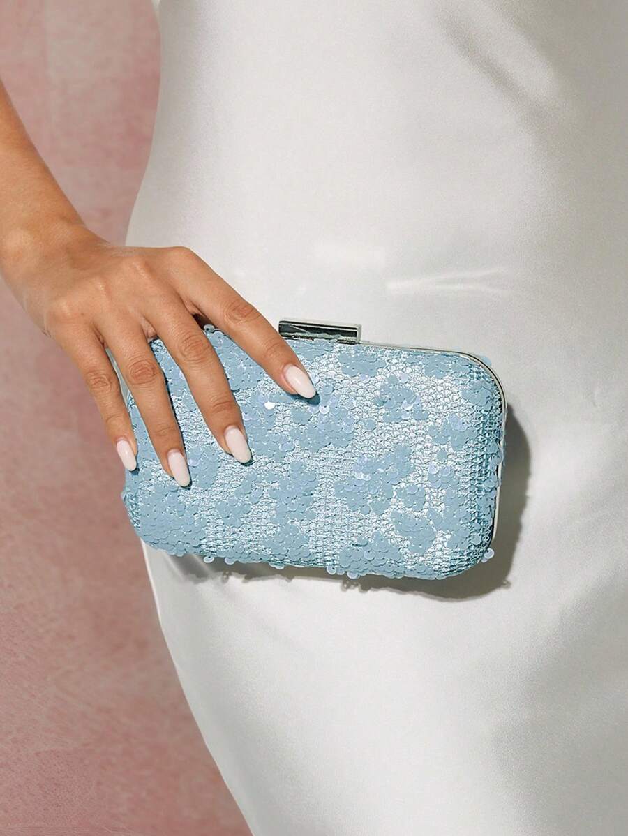 SHEIN Belle Elegant Floral Pattern Hand Clutch Bag (Random Front/Back Flower Designs) - Baby Blue - View 1