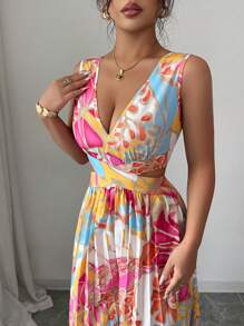 Elenzga Women's Floral Print Cinched Waist Jumpsuit With Pleating, Elegant For Vacation And Everyday Commuting - Multicolor - View 3