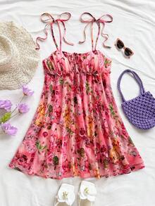 Soleia 梭织印花细肩带女式迷你连衣裙休闲装度假网眼连衣裙女式春装碎花连衣裙女式太阳裙碎花夏装夏季度假连衣裙玫瑰印花连衣裙女式夏装碎花太阳裙 - 彩色 - 查看 7