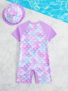 女童连体拉链美人鱼卡通印花荷叶边防晒泳衣，美人鱼服装，儿童美人鱼套装，幼儿美人鱼女童套装，幼儿美人鱼套装，儿童美人鱼泳衣，夏季假日