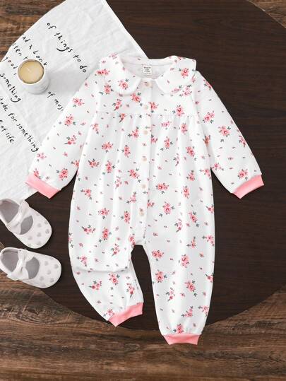 SHEIN LMoss Kids LMoss 新生女婴碎花针织连体衣，彼得潘领，秋冬款
