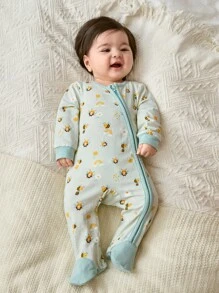 Cozy Pixies Newborn Baby Girl Cartoon Bee & Flower Pattern Knitted Soft Colorblock Crew Neck Long Sleeve Romper With Pants