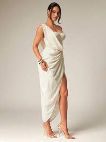 Silquee Summer Cream White Elegant Seductive Formal Ladies Textured Jacquard Pleated High Slit Asymmetrical Neckline Built-In Bra Cotton Dress For Wedding - Beige - View 7