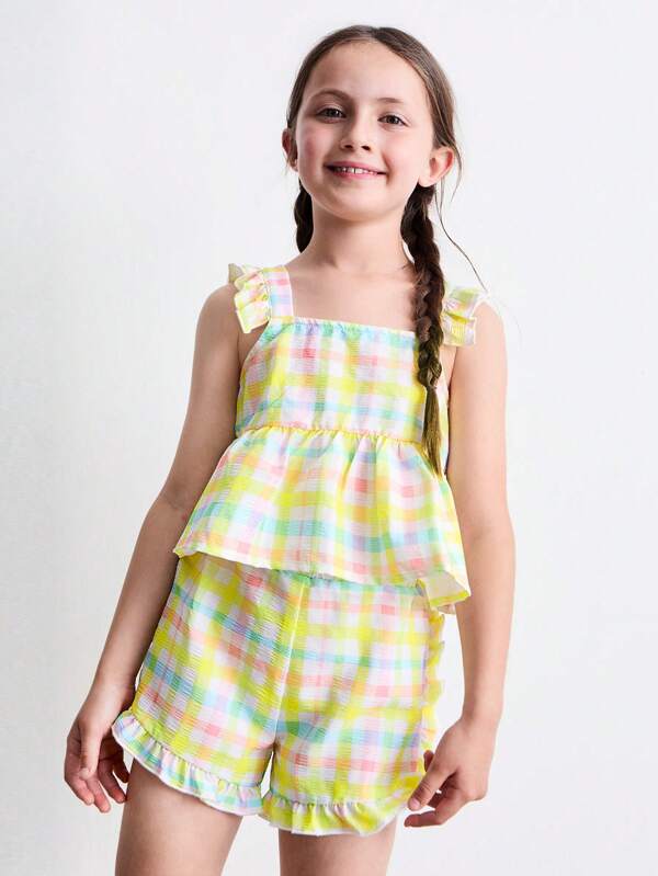 THE HAPPY LOOK Set de 2 piese pentru fete mici, cu bluză în carouri colorate și pantaloni scurți cu volane, vară
